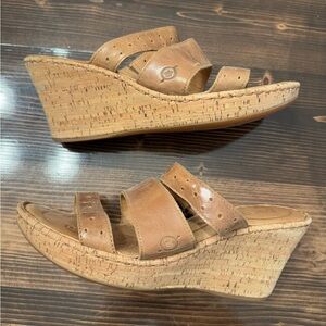Born Light Brown Leather Cork Wedge Sandals Size 8